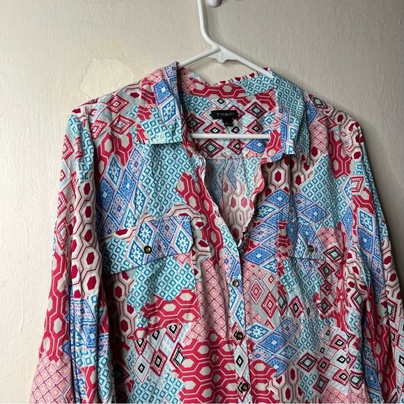 Talbots Pink Blue Patchwork Button Popover Long Sleeve Blouse - Picture 4 of 7